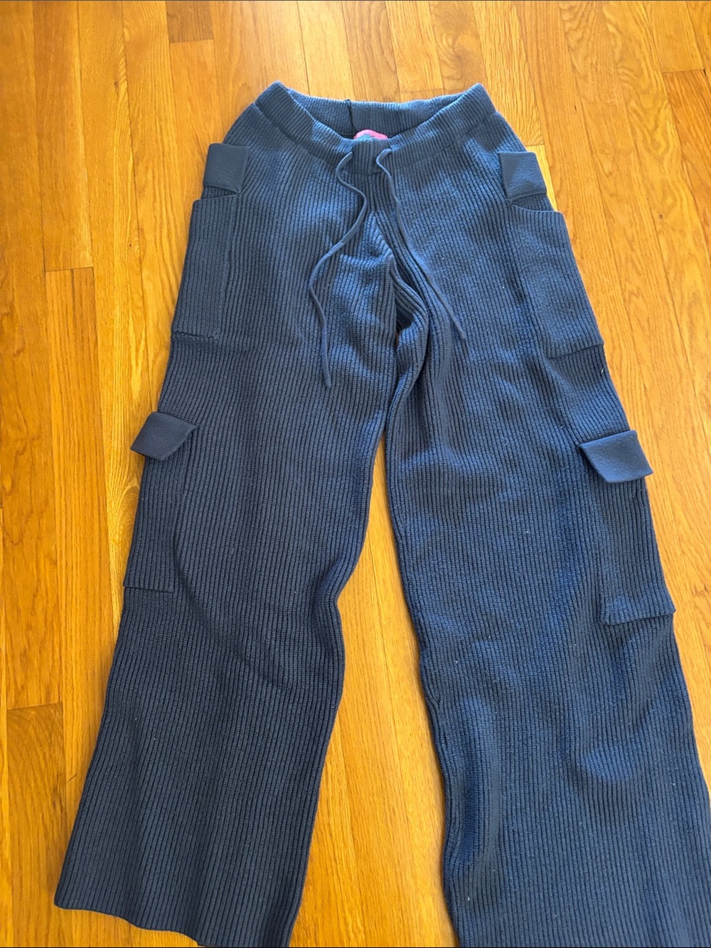 Edikted Dark Navy Ribbed Wide-Leg Cargo Knit Pants